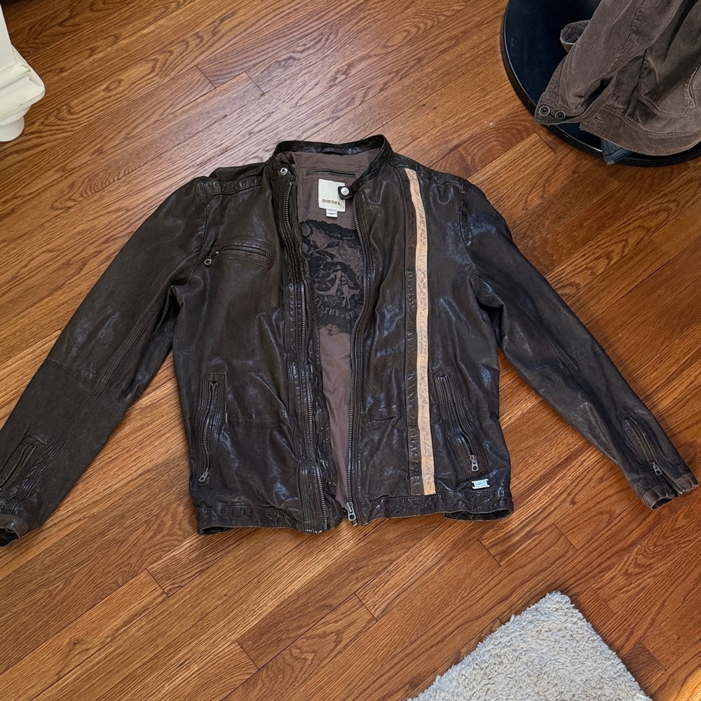 Diesel Dark Brown Leather Jacket with Tan Accent
